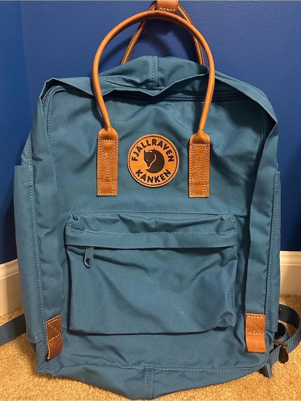 Fjallraven Kanken No. 2 Backpack Lake Blue Brown Leather Straps 23565